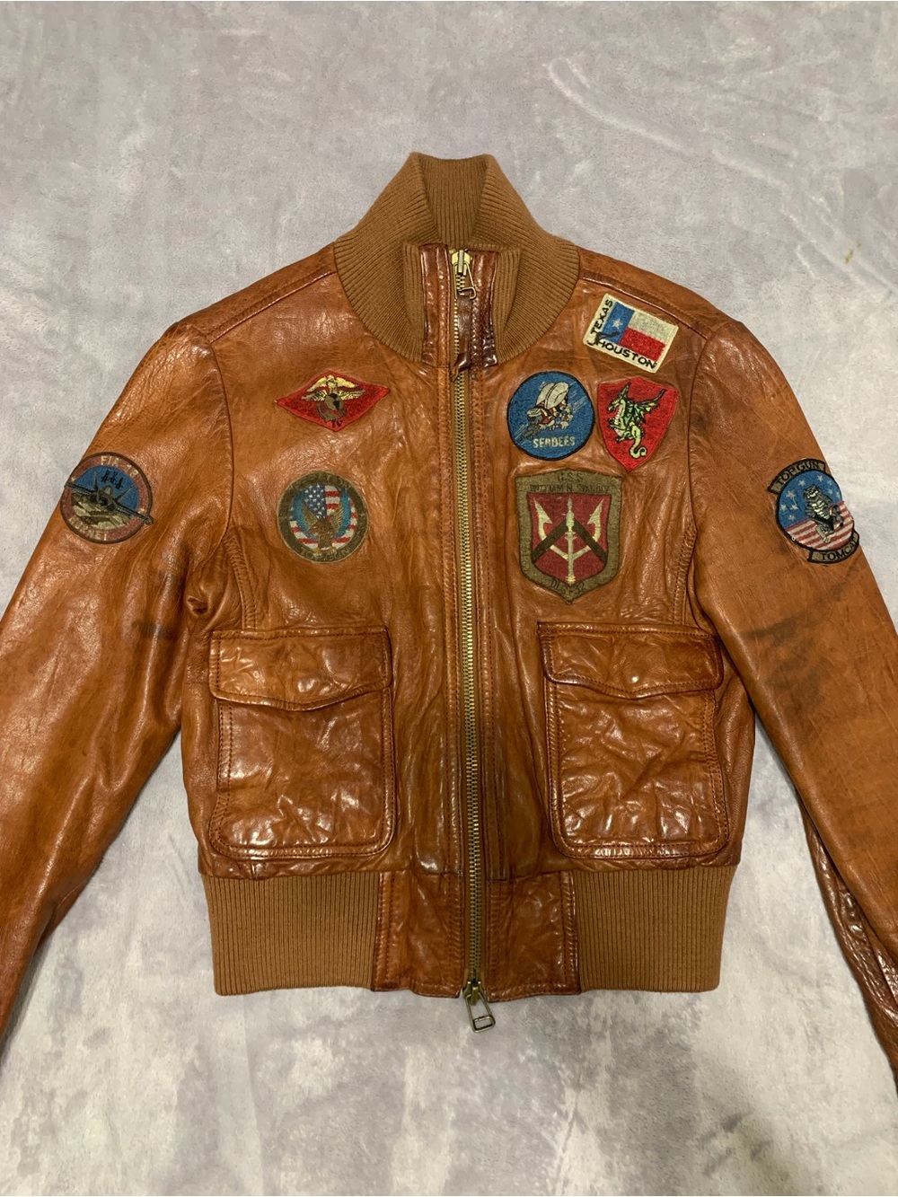 Authentic Miss Top Gun Caramel Leather Bomber Jacket with Patches